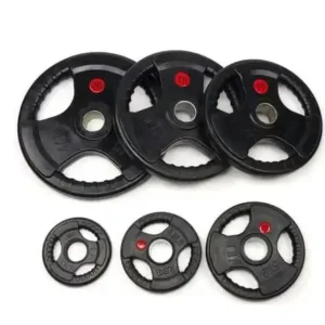 Custom Logo 5KG 10KG 15KG 20KG 25KG Weight Plates Color Rubber Coated Barbell Plate Discs Cast Iron Three Grip Weight Plate