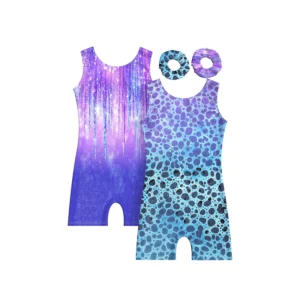 Two-Piece Girls Gymnastics Leotard Shiny Tie Dye Sleeveless Sportswear Kids Bodysuit With Hairband