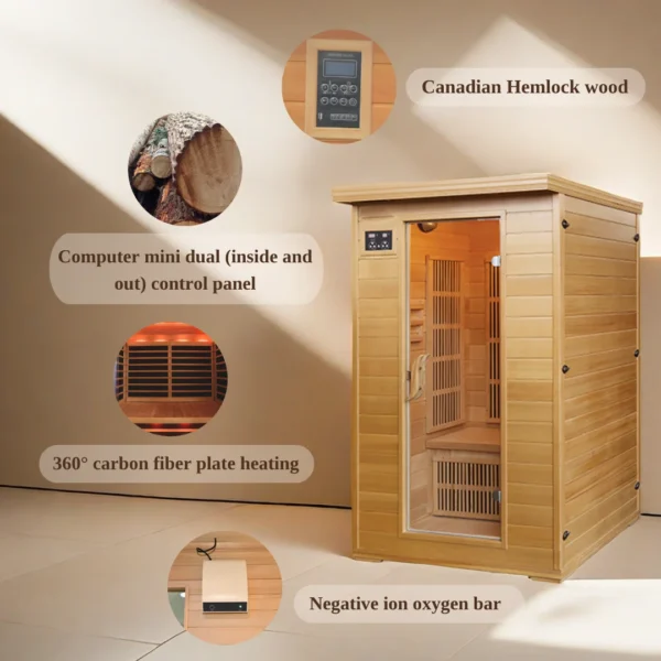 Far Infrared Sauna for 1-2 Person Low EMF Carbon Home Spa with Temp Control Carbon PureTech Heating Canadian Hemlock - Image 4