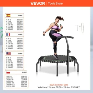 VEVOR Mini Trampoline 54.5 Inch Fitness Rebounder Exercise Trampoline Stable & Quiet with 3 Levels Height Adjustable Foam Handle