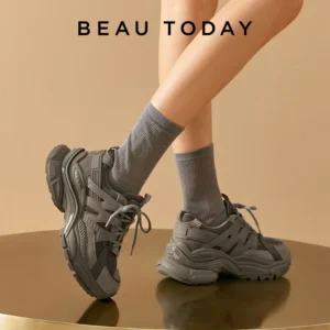 BEAUTODAY Chunky Sneakers Women Leather Mesh Cross Tied 2023 Large Size Sports Thick Sole Summer Trainers Shoes Handmade A29462