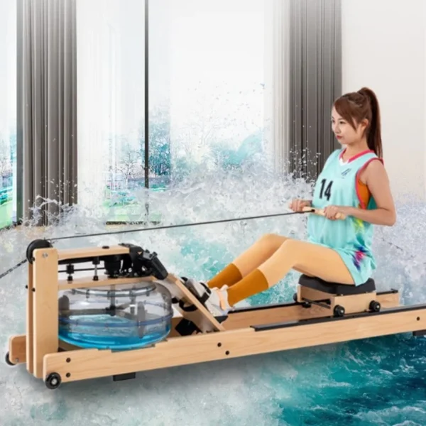 Water Resistance White Wax Wood Rowing Machine Bluetooth App Adjustable Water Resistance Rowing Machine - Image 2